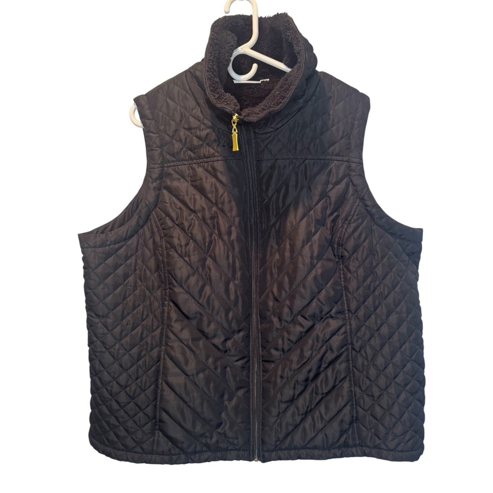 Denim & Co Womens Quilted Black Sherpa Collar Zip Up Vest 2X Casual Outdoors